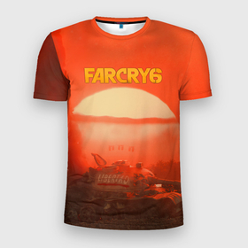Мужская футболка 3D Slim с принтом Far Cry 6   Libertad в Новосибирске, 100% полиэстер с улучшенными характеристиками | приталенный силуэт, круглая горловина, широкие плечи, сужается к линии бедра | art | cry | far | game | libertad | shooter | sunset | tank | арт | закат | край | танк | фар | шутер