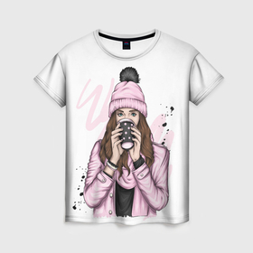 Женская футболка 3D с принтом Девушка пьет в Новосибирске, 100% полиэфир ( синтетическое хлопкоподобное полотно) | прямой крой, круглый вырез горловины, длина до линии бедер | Тематика изображения на принте: девочка | женщины | кофе | напиток | холодно | чай