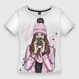 Женская футболка 3D Slim с принтом Девушка пьет в Санкт-Петербурге,  |  | девочка | женщины | кофе | напиток | холодно | чай