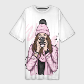 Платье-футболка 3D с принтом Девушка пьет в Кировске,  |  | Тематика изображения на принте: девочка | женщины | кофе | напиток | холодно | чай