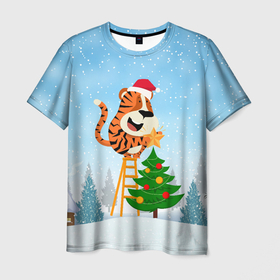 Мужская футболка 3D с принтом Тигр украшает новогоднюю елку в Петрозаводске, 100% полиэфир | прямой крой, круглый вырез горловины, длина до линии бедер | Тематика изображения на принте: 2022 | год тигра | новый год | новый год 2022 | символ года | тигр | тигренок | тигрица | тигры