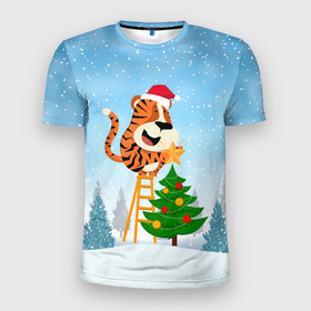 Мужская футболка 3D спортивная с принтом Тигр украшает новогоднюю елку в Новосибирске, 100% полиэстер с улучшенными характеристиками | приталенный силуэт, круглая горловина, широкие плечи, сужается к линии бедра | 2022 | год тигра | новый год | новый год 2022 | символ года | тигр | тигренок | тигрица | тигры