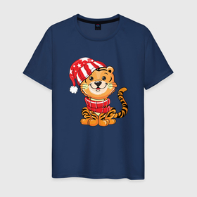 Мужская футболка хлопок с принтом Тигренок в шапке и в шарфе в Курске, 100% хлопок | прямой крой, круглый вырез горловины, длина до линии бедер, слегка спущенное плечо. | 2022 | год тигра | новый год | новый год 2022 | символ года | тигр | тигренок | тигрица | тигры