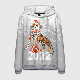 Мужская толстовка 3D с принтом Тигр с подарками в Новосибирске, 100% полиэстер | двухслойный капюшон со шнурком для регулировки, мягкие манжеты на рукавах и по низу толстовки, спереди карман-кенгуру с мягким внутренним слоем. | 2022 | fir forest | gifts | happy new year | merry christmas | red hat | santa claus | tiger | year of the tiger | год тигра | еловый лес | красная шапка | новый год | подарки | рождество | санта клаус | тигр