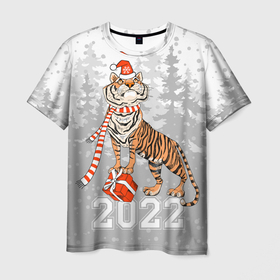 Мужская футболка 3D с принтом Тигр с подарками в Новосибирске, 100% полиэфир | прямой крой, круглый вырез горловины, длина до линии бедер | Тематика изображения на принте: 2022 | fir forest | gifts | happy new year | merry christmas | red hat | santa claus | tiger | year of the tiger | год тигра | еловый лес | красная шапка | новый год | подарки | рождество | санта клаус | тигр