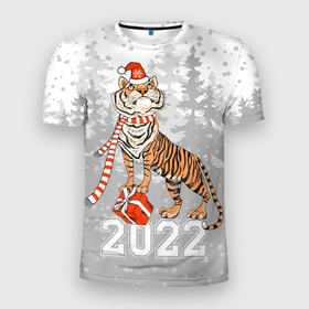 Мужская футболка 3D спортивная с принтом Тигр с подарками в Новосибирске, 100% полиэстер с улучшенными характеристиками | приталенный силуэт, круглая горловина, широкие плечи, сужается к линии бедра | Тематика изображения на принте: 2022 | fir forest | gifts | happy new year | merry christmas | red hat | santa claus | tiger | year of the tiger | год тигра | еловый лес | красная шапка | новый год | подарки | рождество | санта клаус | тигр