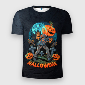 Мужская футболка 3D Slim с принтом Кладбище в Белгороде, 100% полиэстер с улучшенными характеристиками | приталенный силуэт, круглая горловина, широкие плечи, сужается к линии бедра | halloween | арт | графика | зомби | мистика | праздник | тыква | ужасы | хэллоуин