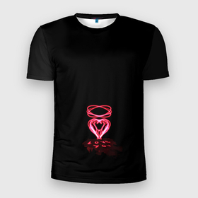 Мужская футболка 3D Slim с принтом Плавленное сердце в Санкт-Петербурге, 100% полиэстер с улучшенными характеристиками | приталенный силуэт, круглая горловина, широкие плечи, сужается к линии бедра | люблю | люблю тебя | любовь | неоновое сердце | розовое сердечко | розовое сердце | сердце | я тебя люблю