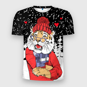Мужская футболка 3D спортивная с принтом Тигр в красном в Курске, 100% полиэстер с улучшенными характеристиками | приталенный силуэт, круглая горловина, широкие плечи, сужается к линии бедра | 2022 | fir forest | happy new year | hearts | merry christmas | red hat | santa claus | scarf | snow | tiger | year of the tiger | год тигра | еловый лес | красная шапка | новый год | очки | рождество | санта клаус | сердца | снег | тигр | шарф