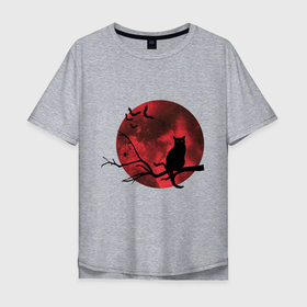 Мужская футболка хлопок Oversize с принтом Кошка на фоне  луны, мистика в Санкт-Петербурге, 100% хлопок | свободный крой, круглый ворот, “спинка” длиннее передней части | cat | halloween | moon | red | кошка | красный | летучие мыши | луна | мистика | паук | силуэт | хэллоуин | черный