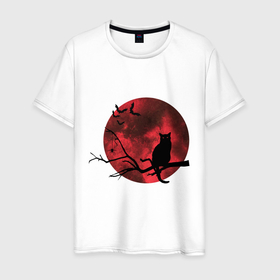 Мужская футболка хлопок с принтом Кошка на фоне  луны, мистика в Новосибирске, 100% хлопок | прямой крой, круглый вырез горловины, длина до линии бедер, слегка спущенное плечо. | cat | halloween | moon | red | кошка | красный | летучие мыши | луна | мистика | паук | силуэт | хэллоуин | черный