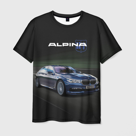 Мужская футболка 3D с принтом Alpina на дороге в Курске, 100% полиэфир | прямой крой, круглый вырез горловины, длина до линии бедер | авто | дорога | лого | надпись | путь