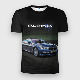 Мужская футболка 3D Slim с принтом Alpina на дороге в Тюмени, 100% полиэстер с улучшенными характеристиками | приталенный силуэт, круглая горловина, широкие плечи, сужается к линии бедра | авто | дорога | лого | надпись | путь