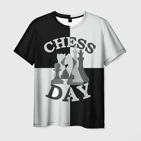 Мужская футболка 3D с принтом Шахматный День в Курске, 100% полиэфир | прямой крой, круглый вырез горловины, длина до линии бедер | chess | анатолий карпов | бобби фишер | владимир крамник | гари каспаров | игра | король | ладья | магнус карлсен | математика | михаил ботвинник | пешка | ферзь | хосерауль капабланка | чёрнобелые