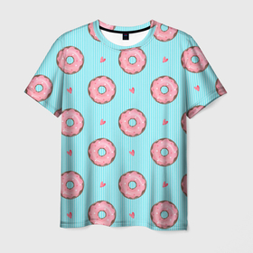 Мужская футболка 3D с принтом Розовые пончики в Санкт-Петербурге, 100% полиэфир | прямой крой, круглый вырез горловины, длина до линии бедер | Тематика изображения на принте: вкусно | выпечка | еда | пончик | пончики | сладкие | сладость