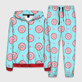 Мужской костюм 3D с принтом Розовые пончики в Петрозаводске, 100% полиэстер | Манжеты и пояс оформлены тканевой резинкой, двухслойный капюшон со шнурком для регулировки, карманы спереди | вкусно | выпечка | еда | пончик | пончики | сладкие | сладость