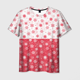 Мужская футболка 3D с принтом Снежинки (красно белые) , 100% полиэфир | прямой крой, круглый вырез горловины, длина до линии бедер | merry christmas | дед мороз | ёлка | зима | мороз | новый год | подарок | праздник | рождество | с новым годом | сантаклаус | снег | снеговик | снегурочка | снежинки | снежные узоры | узоры