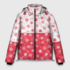 Мужская зимняя куртка 3D с принтом Снежинки (красно белые) в Санкт-Петербурге, верх — 100% полиэстер; подкладка — 100% полиэстер; утеплитель — 100% полиэстер | длина ниже бедра, свободный силуэт Оверсайз. Есть воротник-стойка, отстегивающийся капюшон и ветрозащитная планка. 

Боковые карманы с листочкой на кнопках и внутренний карман на молнии. | Тематика изображения на принте: merry christmas | дед мороз | ёлка | зима | мороз | новый год | подарок | праздник | рождество | с новым годом | сантаклаус | снег | снеговик | снегурочка | снежинки | снежные узоры | узоры