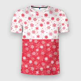 Мужская футболка 3D спортивная с принтом Снежинки (красно белые) в Тюмени, 100% полиэстер с улучшенными характеристиками | приталенный силуэт, круглая горловина, широкие плечи, сужается к линии бедра | merry christmas | дед мороз | ёлка | зима | мороз | новый год | подарок | праздник | рождество | с новым годом | сантаклаус | снег | снеговик | снегурочка | снежинки | снежные узоры | узоры