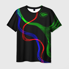 Мужская футболка 3D с принтом Неоновый хаос 3D Neon chaos 3D в Санкт-Петербурге, 100% полиэфир | прямой крой, круглый вырез горловины, длина до линии бедер | abstraction | chaos | colors | neon | stripes | абстракция | неон | полосы | хаос | цвета | чёрный фон