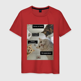 Мужская футболка хлопок с принтом Наташ вставай в Тюмени, 100% хлопок | прямой крой, круглый вырез горловины, длина до линии бедер, слегка спущенное плечо. | коты | красивое | мем | показываю | продаете | рыба | рыбов