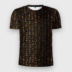 Мужская футболка 3D Slim с принтом ЕГИПЕТСКИЕ ИЕРОГЛИФЫ ЗОЛОТОМ в Екатеринбурге, 100% полиэстер с улучшенными характеристиками | приталенный силуэт, круглая горловина, широкие плечи, сужается к линии бедра | egypt | gold | texture | драгоценности | древний | египет | золото | иероглифы | национальный | паттерн | письмена | текстура | туристические | узоры | черный