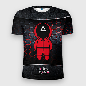 Мужская футболка 3D Slim с принтом Игра в кальмара 3D Black  Red в Тюмени, 100% полиэстер с улучшенными характеристиками | приталенный силуэт, круглая горловина, широкие плечи, сужается к линии бедра | squid game | выживание | игра в кальмара | кальмар | корейский | корея