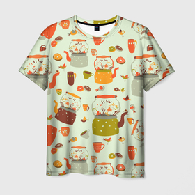 Мужская футболка 3D с принтом осенние чаепитие в Курске, 100% полиэфир | прямой крой, круглый вырез горловины, длина до линии бедер | еда | застолье | уют | чаепитие | чай | чайник