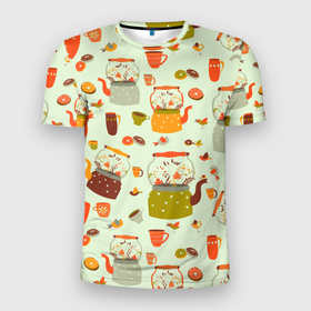 Мужская футболка 3D Slim с принтом осенние чаепитие в Тюмени, 100% полиэстер с улучшенными характеристиками | приталенный силуэт, круглая горловина, широкие плечи, сужается к линии бедра | еда | застолье | уют | чаепитие | чай | чайник