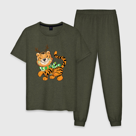 Мужская пижама хлопок с принтом Тигренок   новогодний олень в Петрозаводске, 100% хлопок | брюки и футболка прямого кроя, без карманов, на брюках мягкая резинка на поясе и по низу штанин
 | 2022 | год тигра | новый год | новый год 2022 | символ года | тигр | тигренок | тигрица | тигры