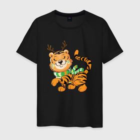 Мужская футболка хлопок с принтом Тигренок   новогодний олень в Курске, 100% хлопок | прямой крой, круглый вырез горловины, длина до линии бедер, слегка спущенное плечо. | 2022 | год тигра | новый год | новый год 2022 | символ года | тигр | тигренок | тигрица | тигры