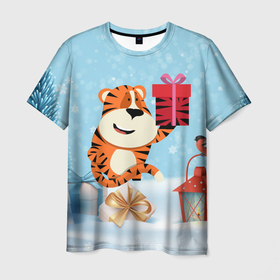Мужская футболка 3D с принтом Тигренок с подарком 2022 в Петрозаводске, 100% полиэфир | прямой крой, круглый вырез горловины, длина до линии бедер | Тематика изображения на принте: 2022 | год тигра | новый год | новый год 2022 | символ года | тигр | тигренок | тигрица | тигры