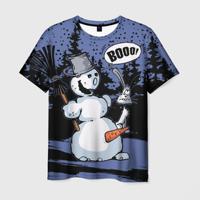 Мужская футболка 3D с принтом Снеговик на Хэллоуин в Курске, 100% полиэфир | прямой крой, круглый вырез горловины, длина до линии бедер | broom | bucket | carrot | fir forest | frightened hare | halloween | new year | night | scary | snow | snowman | ведро | еловый лес | испуганный заяц | метла | морковка | новый год | ночь | снег | снеговик | страшный | хэллоуин