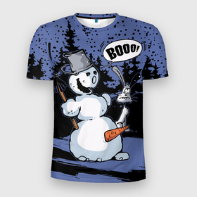Мужская футболка 3D спортивная с принтом Снеговик на Хэллоуин в Тюмени, 100% полиэстер с улучшенными характеристиками | приталенный силуэт, круглая горловина, широкие плечи, сужается к линии бедра | broom | bucket | carrot | fir forest | frightened hare | halloween | new year | night | scary | snow | snowman | ведро | еловый лес | испуганный заяц | метла | морковка | новый год | ночь | снег | снеговик | страшный | хэллоуин
