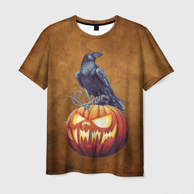 Мужская футболка 3D с принтом Ворон и тыква в Белгороде, 100% полиэфир | прямой крой, круглый вырез горловины, длина до линии бедер | Тематика изображения на принте: halloween | арт | ворон | графика | зомби | мистика | праздник | тыква | ужасы | хэллоуин