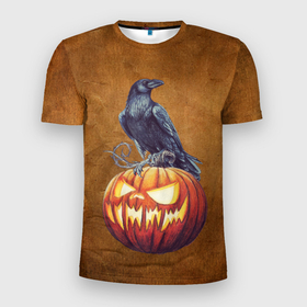 Мужская футболка 3D Slim с принтом Ворон и тыква в Белгороде, 100% полиэстер с улучшенными характеристиками | приталенный силуэт, круглая горловина, широкие плечи, сужается к линии бедра | halloween | арт | ворон | графика | зомби | мистика | праздник | тыква | ужасы | хэллоуин