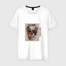 Мужская футболка хлопок с принтом Blooming Skull в Тюмени, 100% хлопок | прямой крой, круглый вырез горловины, длина до линии бедер, слегка спущенное плечо. | blooming | butterflies | flowers | skeleton | skull | бабочки | краски | цветы | череп