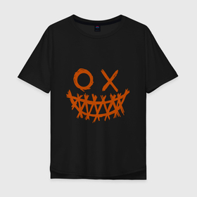 Мужская футболка хлопок Oversize с принтом Жуткий smile в Белгороде, 100% хлопок | свободный крой, круглый ворот, “спинка” длиннее передней части | halloween | smile | жуткий | крестик | круг | оранжевый | рожица | рот | смайл | хэллоуин