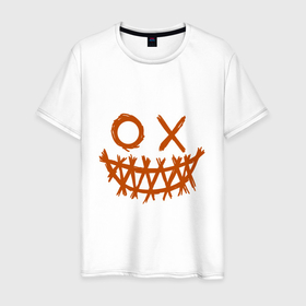 Мужская футболка хлопок с принтом Жуткий smile в Белгороде, 100% хлопок | прямой крой, круглый вырез горловины, длина до линии бедер, слегка спущенное плечо. | halloween | smile | жуткий | крестик | круг | оранжевый | рожица | рот | смайл | хэллоуин