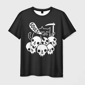 Мужская футболка 3D с принтом Кот   Жнец , 100% полиэфир | прямой крой, круглый вырез горловины, длина до линии бедер | apocalypse | cat | death | halloween | mountain | reaper | rider | skull | soul | апокалипсиса | белое | всадник | гора | душа | жнец | кот | кошка | хэллоуин | череп | черепа | черное