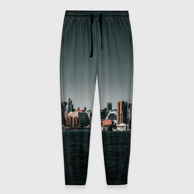 Мужские брюки 3D с принтом Вид на Нью Йорк в Курске, 100% полиэстер | манжеты по низу, эластичный пояс регулируется шнурком, по бокам два кармана без застежек, внутренняя часть кармана из мелкой сетки | большой город | вид | здания | нью йорк | океан | панорама