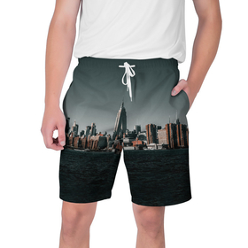 Мужские шорты 3D с принтом Вид на Нью Йорк в Тюмени,  полиэстер 100% | прямой крой, два кармана без застежек по бокам. Мягкая трикотажная резинка на поясе, внутри которой широкие завязки. Длина чуть выше колен | большой город | вид | здания | нью йорк | океан | панорама