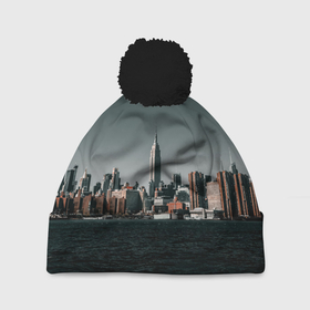 Шапка 3D c помпоном с принтом Вид на Нью Йорк в Тюмени, 100% полиэстер | универсальный размер, печать по всей поверхности изделия | большой город | вид | здания | нью йорк | океан | панорама