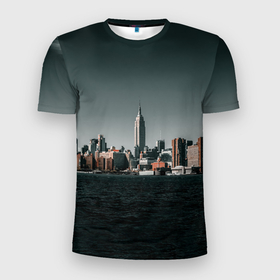 Мужская футболка 3D Slim с принтом Вид на Нью Йорк , 100% полиэстер с улучшенными характеристиками | приталенный силуэт, круглая горловина, широкие плечи, сужается к линии бедра | большой город | вид | здания | нью йорк | океан | панорама