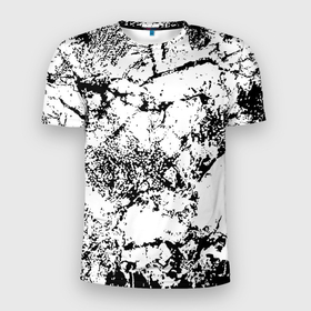 Мужская футболка 3D Slim с принтом Эффект линогравюры в Новосибирске, 100% полиэстер с улучшенными характеристиками | приталенный силуэт, круглая горловина, широкие плечи, сужается к линии бедра | abstract | black and white | minimalism | urban | urban camouflage | абстрактный узор | белая краска | белое на черном | белый и черный | белый узор | брызги краски | камуфляж | краска | минимализм | монохромный | орнамент