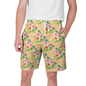Мужские шорты 3D с принтом Гавайские цеты в Кировске,  полиэстер 100% | прямой крой, два кармана без застежек по бокам. Мягкая трикотажная резинка на поясе, внутри которой широкие завязки. Длина чуть выше колен | Тематика изображения на принте: гаваи | гавайская | лето | цветочки | цветы