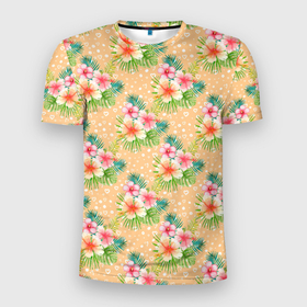 Мужская футболка 3D Slim с принтом Гавайские цеты в Петрозаводске, 100% полиэстер с улучшенными характеристиками | приталенный силуэт, круглая горловина, широкие плечи, сужается к линии бедра | гаваи | гавайская | лето | цветочки | цветы