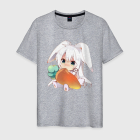 Мужская футболка хлопок с принтом Кролик тян в Тюмени, 100% хлопок | прямой крой, круглый вырез горловины, длина до линии бедер, слегка спущенное плечо. | animal | anime | anime bunny girl | anime chan | bunnies | carrot | chan | chibiki neko | girl | hare | rabbit | rabbit chan | rodent | аниме | аниме зайка девушка | аниме тян | грызун | девушка | животное | зайчики | заяц | кролик | кролик тян | морковь 