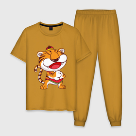 Мужская пижама хлопок с принтом Веселый Тигр , 100% хлопок | брюки и футболка прямого кроя, без карманов, на брюках мягкая резинка на поясе и по низу штанин
 | Тематика изображения на принте: 2022 | год тигра | новый год | новый год 2022 | символ года | тигр | тигренок | тигрица | тигры