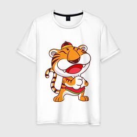 Мужская футболка хлопок с принтом Веселый Тигр , 100% хлопок | прямой крой, круглый вырез горловины, длина до линии бедер, слегка спущенное плечо. | Тематика изображения на принте: 2022 | год тигра | новый год | новый год 2022 | символ года | тигр | тигренок | тигрица | тигры